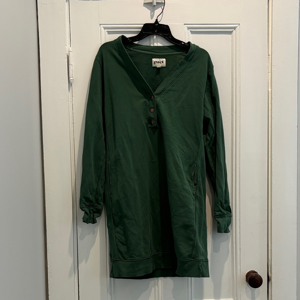 Pact Green V-Neck Sweatshirt dress with snap Button Detail